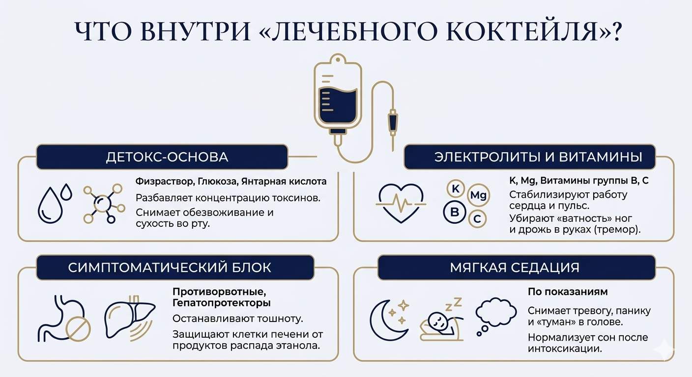 Инфографика «Что внутри лечебного коктейля»: состав капельницы от похмелья, включая детокс-основу, электролиты, витамины, гепатопротекторы и седативные средства.